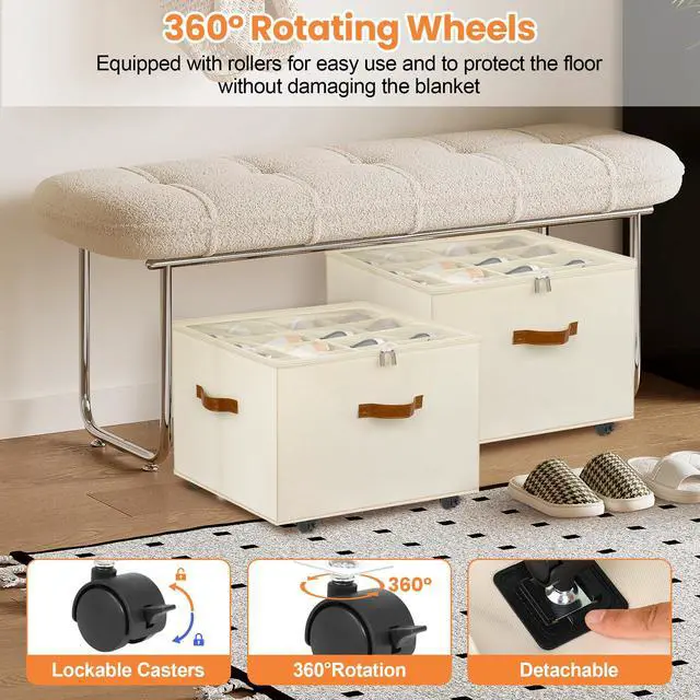 Alt view image 3 of 7 - Shoe Organizer for Closet, 2 Pack Shoe Storage Organizer with Wheels and Adjustable Dividers, Stackable Shoe Storage Box with Clear Cover, Foldable Closet Shoe Organizer Fits up to 16-32 Pairs, Beige
