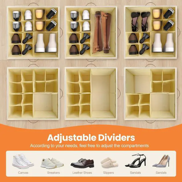 Alt view image 5 of 7 - Shoe Organizer for Closet, 2 Pack Shoe Storage Organizer with Wheels and Adjustable Dividers, Stackable Shoe Storage Box with Clear Cover, Foldable Closet Shoe Organizer Fits up to 16-32 Pairs, Beige
