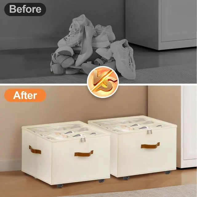Alt view image 6 of 7 - Shoe Organizer for Closet, 2 Pack Shoe Storage Organizer with Wheels and Adjustable Dividers, Stackable Shoe Storage Box with Clear Cover, Foldable Closet Shoe Organizer Fits up to 16-32 Pairs, Beige
