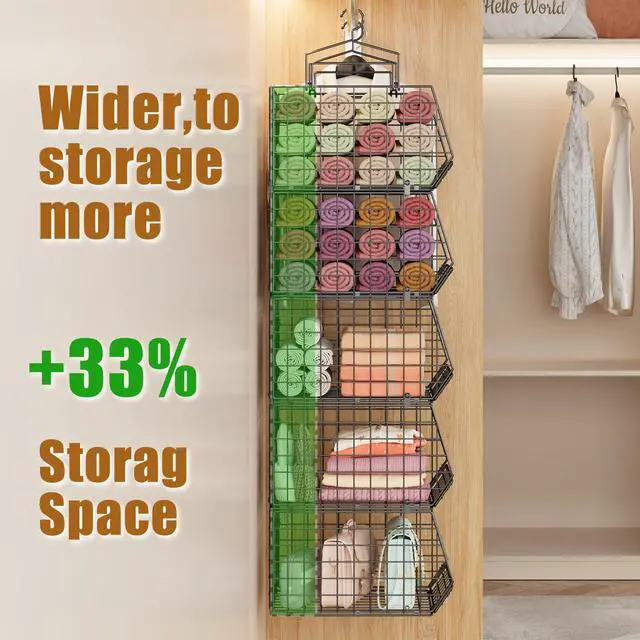 Alt view image 2 of 7 - 4" Extra Deeper Hanging Closet Organizers and Storage,4 Tier Foldable Wire Cabinet Shelves with 5 S Hooks,Small Metal Basket Bins for Clothes Sweaters Handbags, Wardrobe for Kitchen Laundry RoomBlack