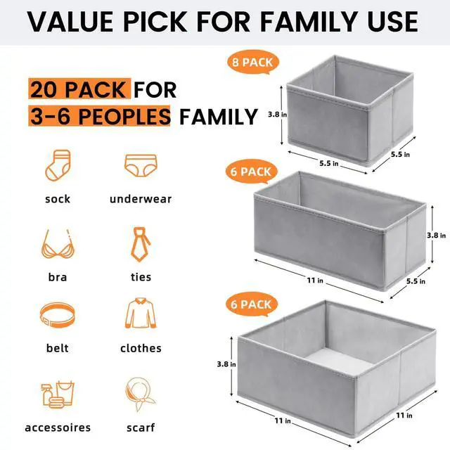 Alt view image 2 of 7 - Drawer Organizer Clothes, 20 Pack Dresser Organizer Bins for Baby Clothes - Underwear Bra Sock Organizer - Fabric Closet Organization and Storage Dividers for Nursery Bedroom Dorm
