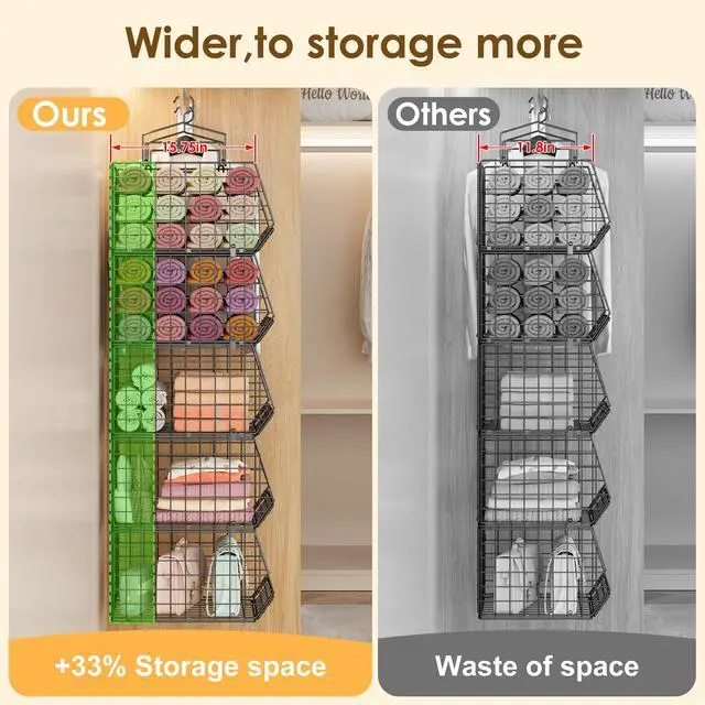 Alt view image 3 of 7 - 4" Extra Deeper Hanging Closet Organizers and Storage,4 Tier Foldable Wire Cabinet Shelves with 5 S Hooks,Small Metal Basket Bins for Clothes Sweaters Handbags, Wardrobe for Kitchen Laundry RoomBlack