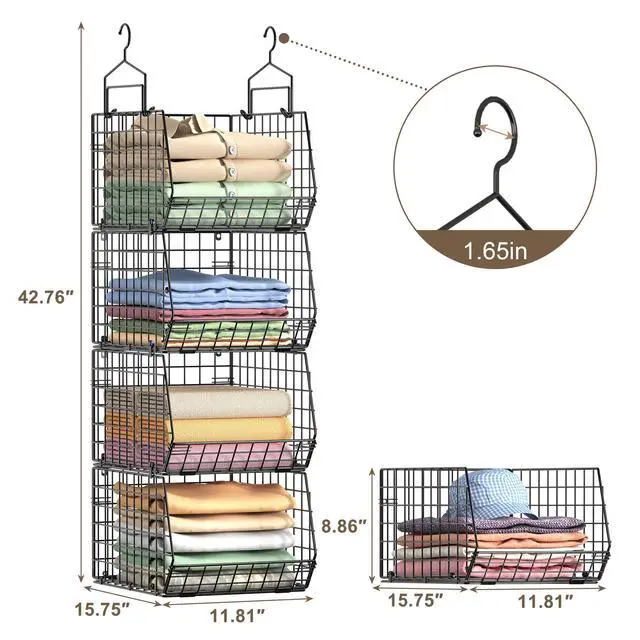 Alt view image 5 of 7 - 4" Extra Deeper Hanging Closet Organizers and Storage,4 Tier Foldable Wire Cabinet Shelves with 5 S Hooks,Small Metal Basket Bins for Clothes Sweaters Handbags, Wardrobe for Kitchen Laundry RoomBlack