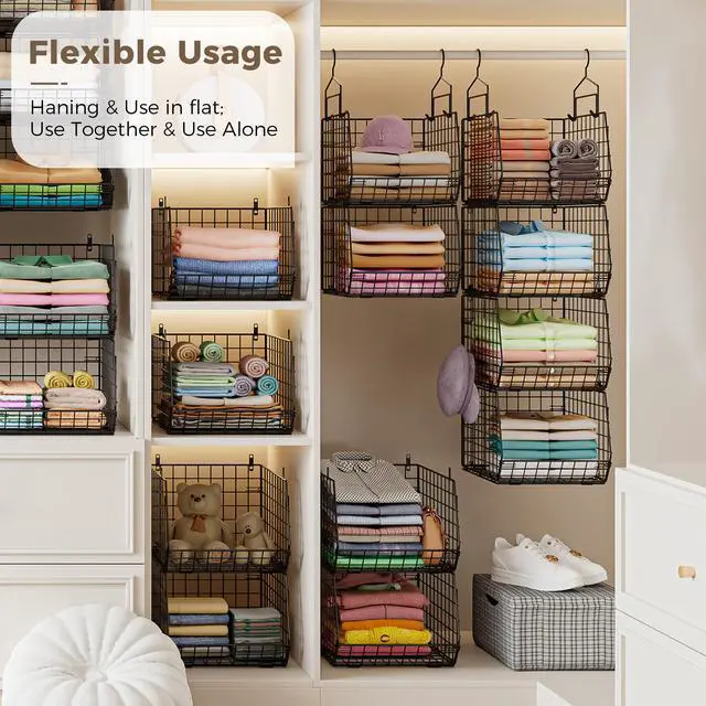 Alt view image 4 of 7 - 4" Extra Deeper Hanging Closet Organizers and Storage,4 Tier Foldable Wire Cabinet Shelves with 5 S Hooks,Small Metal Basket Bins for Clothes Sweaters Handbags, Wardrobe for Kitchen Laundry RoomBlack