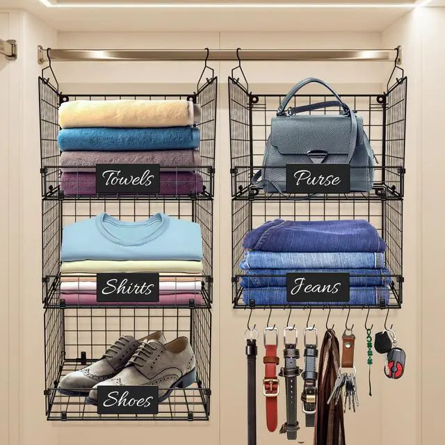 Main image of 5-Tier Adjustable Hanging Closet Organizer Maximize Hanging Storage w/ 4 Hanging Hooks, 8 S Hooks & 5 Name Plates - Sturdy Foldable Wire Storage Hanging Shelves for Clothes, Towels (Black)