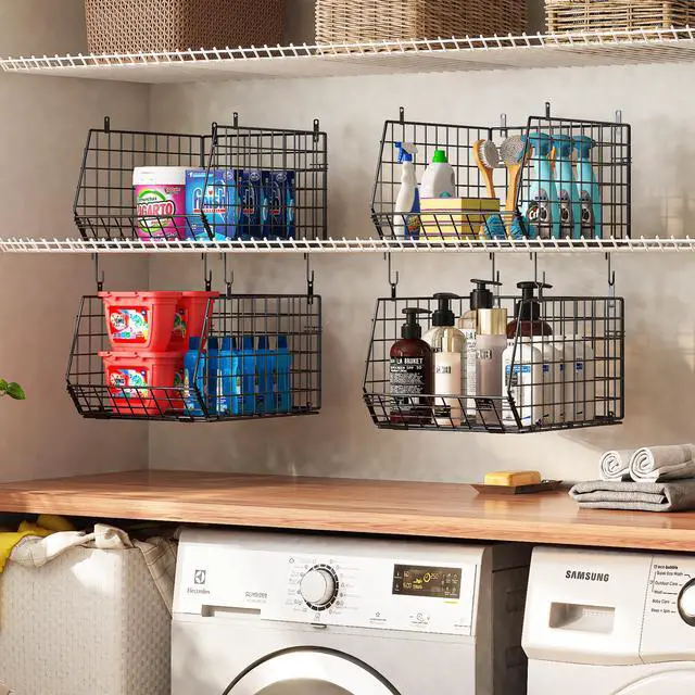 Alt view image 6 of 7 - 4" Extra Deeper Hanging Closet Organizers and Storage,4 Tier Foldable Wire Cabinet Shelves with 5 S Hooks,Small Metal Basket Bins for Clothes Sweaters Handbags, Wardrobe for Kitchen Laundry RoomBlack