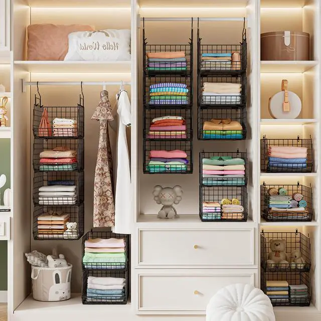 Alt view image 7 of 7 - 4" Extra Deeper Hanging Closet Organizers and Storage,4 Tier Foldable Wire Cabinet Shelves with 5 S Hooks,Small Metal Basket Bins for Clothes Sweaters Handbags, Wardrobe for Kitchen Laundry RoomBlack