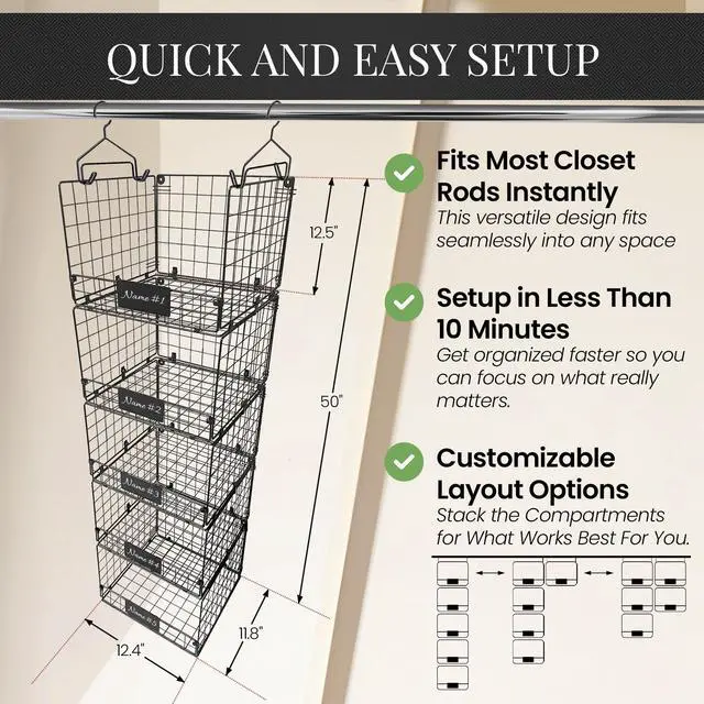 Alt view image 5 of 5 - 5-Tier Adjustable Hanging Closet Organizer Maximize Hanging Storage w/ 4 Hanging Hooks, 8 S Hooks & 5 Name Plates - Sturdy Foldable Wire Storage Hanging Shelves for Clothes, Towels (Black)