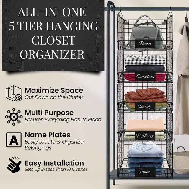 Alt view image 3 of 5 - 5-Tier Adjustable Hanging Closet Organizer Maximize Hanging Storage w/ 4 Hanging Hooks, 8 S Hooks & 5 Name Plates - Sturdy Foldable Wire Storage Hanging Shelves for Clothes, Towels (Black)