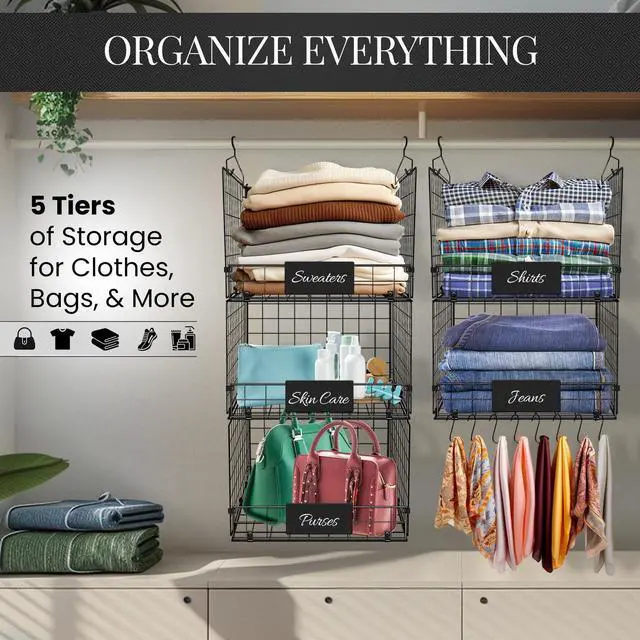 Alt view image 4 of 5 - 5-Tier Adjustable Hanging Closet Organizer Maximize Hanging Storage w/ 4 Hanging Hooks, 8 S Hooks & 5 Name Plates - Sturdy Foldable Wire Storage Hanging Shelves for Clothes, Towels (Black)