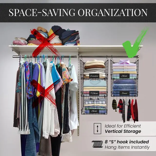 Alt view image 2 of 5 - 5-Tier Adjustable Hanging Closet Organizer Maximize Hanging Storage w/ 4 Hanging Hooks, 8 S Hooks & 5 Name Plates - Sturdy Foldable Wire Storage Hanging Shelves for Clothes, Towels (Black)