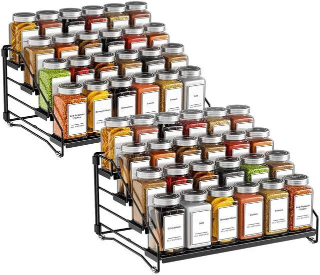 Main image of 4 Tier Spice Rack Organizer, Spice Rack for Cabinet, Adjustable Depth Seasoning Shelf for Countertop, Pantry, Seasoning Organizer, Metal, Black (2 Pack)