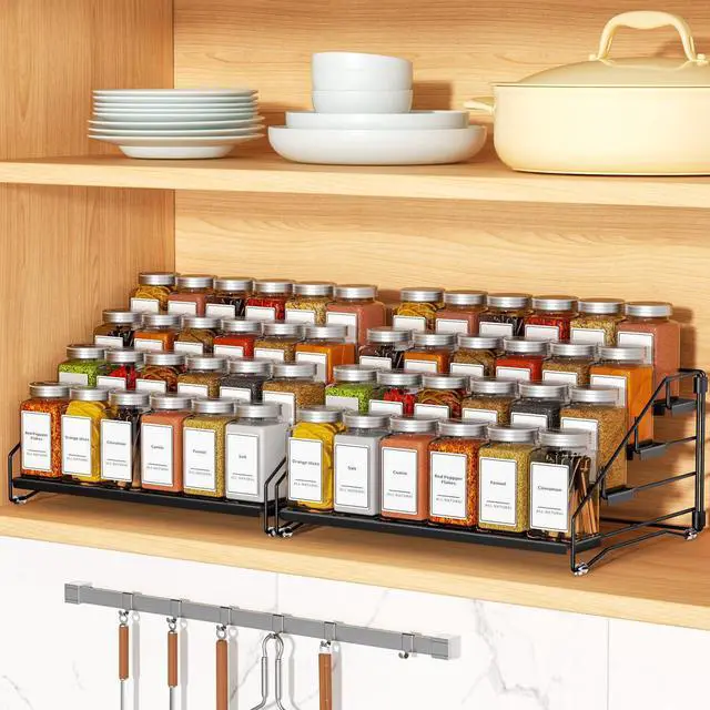 Alt view image 4 of 7 - 4 Tier Spice Rack Organizer, Spice Rack for Cabinet, Adjustable Depth Seasoning Shelf for Countertop, Pantry, Seasoning Organizer, Metal, Black (2 Pack)