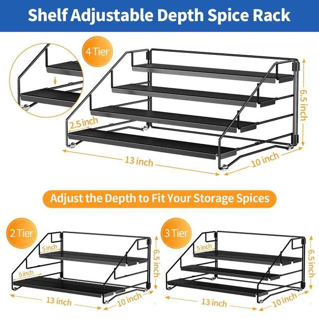 Alt view image 5 of 7 - 4 Tier Spice Rack Organizer, Spice Rack for Cabinet, Adjustable Depth Seasoning Shelf for Countertop, Pantry, Seasoning Organizer, Metal, Black (2 Pack)