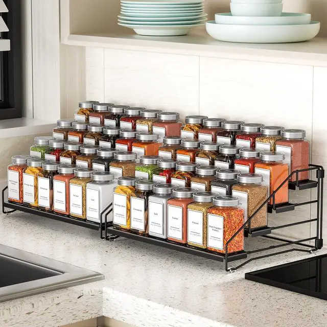 Alt view image 2 of 7 - 4 Tier Spice Rack Organizer, Spice Rack for Cabinet, Adjustable Depth Seasoning Shelf for Countertop, Pantry, Seasoning Organizer, Metal, Black (2 Pack)