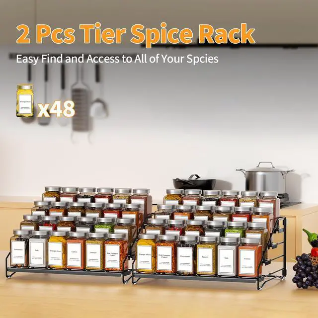 Alt view image 6 of 7 - 4 Tier Spice Rack Organizer, Spice Rack for Cabinet, Adjustable Depth Seasoning Shelf for Countertop, Pantry, Seasoning Organizer, Metal, Black (2 Pack)