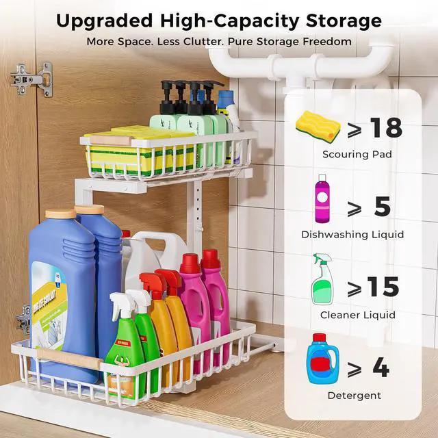 Alt view image 2 of 7 - Under Sink Organizer,2 Pack Under Kitchen Sink Organizer,2 Tier Sliding-Out,5 Level Height Adjustable,Thickened Carbon Steel,Anti-Rust Treatment,for Kitchen Bathroom Black