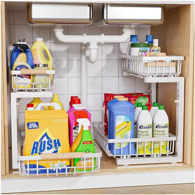 Main image of Under Sink Organizer,2 Pack Under Kitchen Sink Organizer,2 Tier Sliding-Out,5 Level Height Adjustable,Thickened Carbon Steel,Anti-Rust Treatment,for Kitchen Bathroom Black