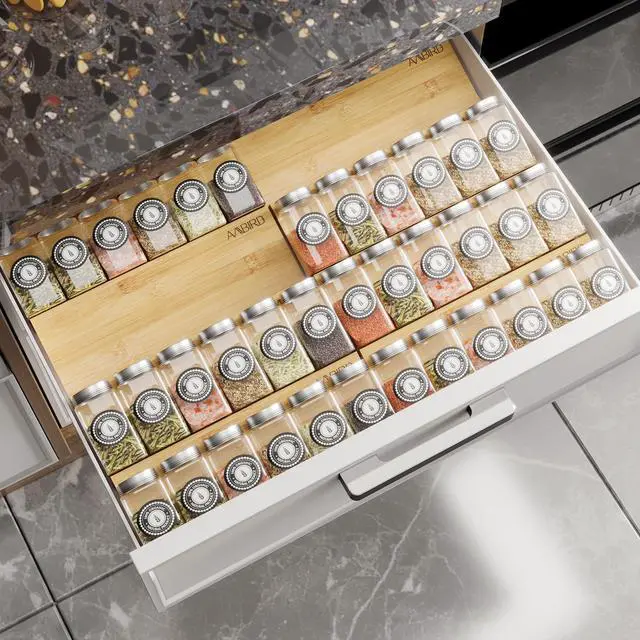 Main image of Bamboo Spice Drawer Organizer with Non-slip Mat,4 Tier - 2 Set Jar Spice Rack Tray From 12''to 24'',Hold up 48 Jars Seasoning Organizer for Kitchen,Cabinet,Drawers,Countertop