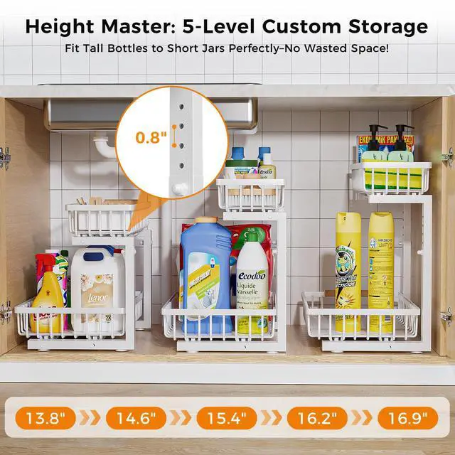 Alt view image 5 of 7 - Under Sink Organizer,2 Pack Under Kitchen Sink Organizer,2 Tier Sliding-Out,5 Level Height Adjustable,Thickened Carbon Steel,Anti-Rust Treatment,for Kitchen Bathroom Black