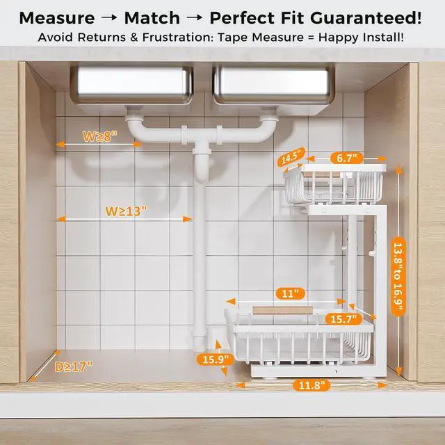 Alt view image 7 of 7 - Under Sink Organizer,2 Pack Under Kitchen Sink Organizer,2 Tier Sliding-Out,5 Level Height Adjustable,Thickened Carbon Steel,Anti-Rust Treatment,for Kitchen Bathroom Black