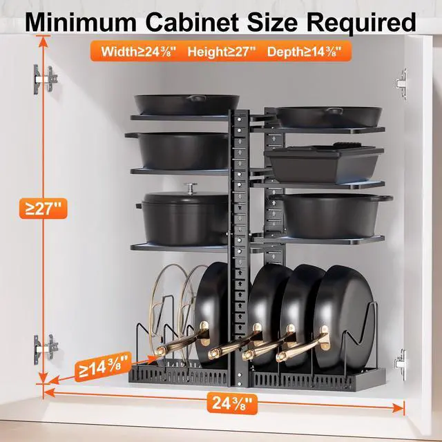 Alt view image 2 of 7 - Pots and Pans Organizer under Cabinet, Adjustable Height Up to 24'', 6 Tier Pot Organizer Rack with 6 Horizontal Dividers, Adjustable Pot and Pan Organizer for Kitchen Storage, Black