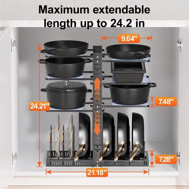 Alt view image 3 of 7 - Pots and Pans Organizer under Cabinet, Adjustable Height Up to 24'', 6 Tier Pot Organizer Rack with 6 Horizontal Dividers, Adjustable Pot and Pan Organizer for Kitchen Storage, Black
