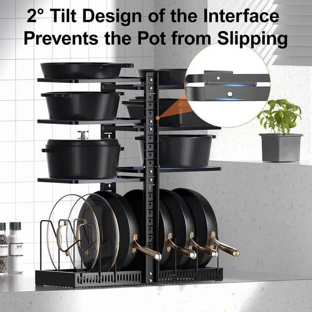 Alt view image 4 of 7 - Pots and Pans Organizer under Cabinet, Adjustable Height Up to 24'', 6 Tier Pot Organizer Rack with 6 Horizontal Dividers, Adjustable Pot and Pan Organizer for Kitchen Storage, Black
