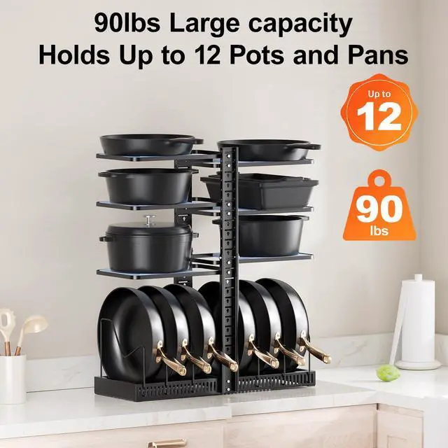 Alt view image 5 of 7 - Pots and Pans Organizer under Cabinet, Adjustable Height Up to 24'', 6 Tier Pot Organizer Rack with 6 Horizontal Dividers, Adjustable Pot and Pan Organizer for Kitchen Storage, Black