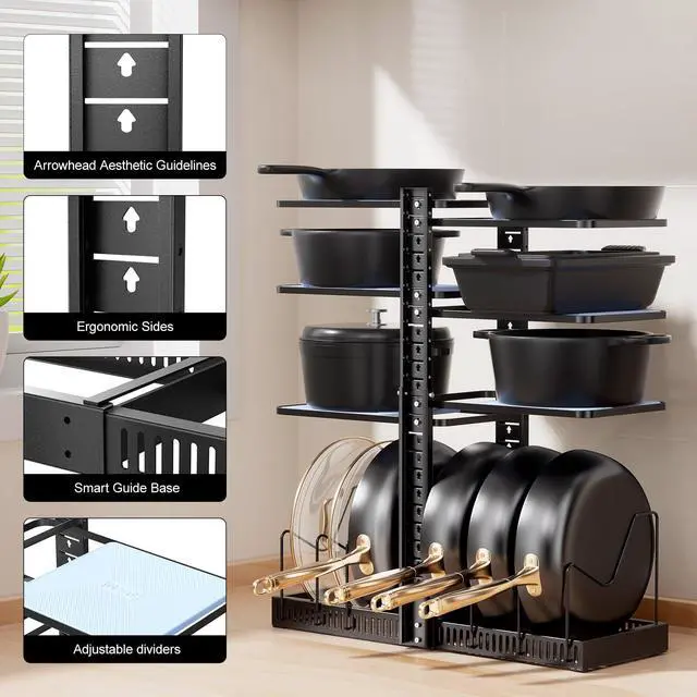 Alt view image 6 of 7 - Pots and Pans Organizer under Cabinet, Adjustable Height Up to 24'', 6 Tier Pot Organizer Rack with 6 Horizontal Dividers, Adjustable Pot and Pan Organizer for Kitchen Storage, Black