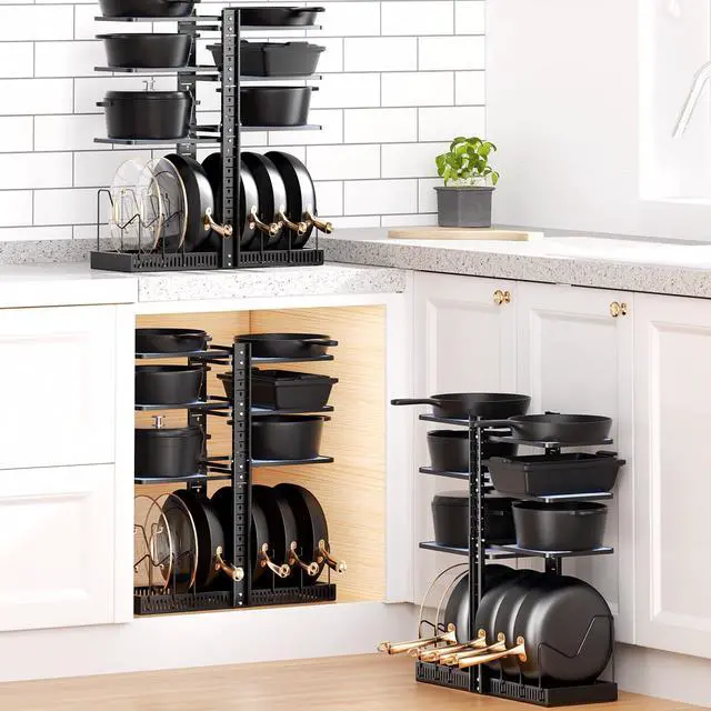 Alt view image 7 of 7 - Pots and Pans Organizer under Cabinet, Adjustable Height Up to 24'', 6 Tier Pot Organizer Rack with 6 Horizontal Dividers, Adjustable Pot and Pan Organizer for Kitchen Storage, Black