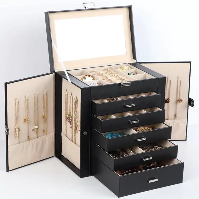 Main image of Large Jewelry Box for Women, 6 Layer Jewelry Organizer with 5 Drawer and Side Doors & Necklace Hooks, Leather Jewelry Storage Boxes for Earrings, Rings, Bracelets