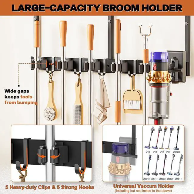Alt view image 2 of 6 - Broom Holder Wall Mount with Cleaning Supplies Organizer, Laundry Room Organization and Storage Shelves with Mop Hanger Rack Gripper Hooks, Utility Shelf Closet Organizer for Home Garage Kitchen