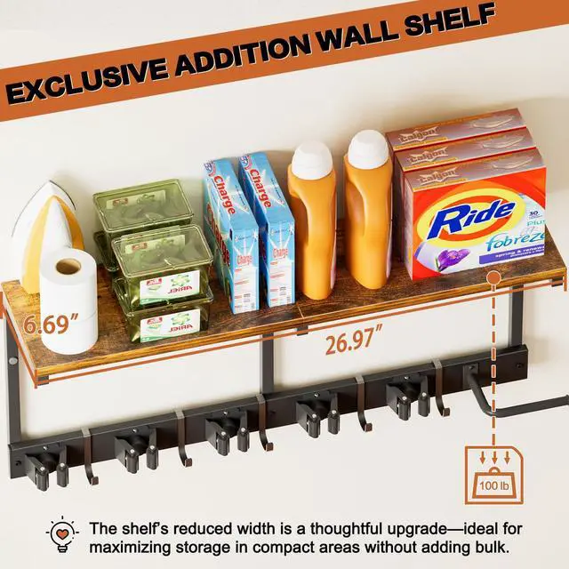 Alt view image 3 of 6 - Broom Holder Wall Mount with Cleaning Supplies Organizer, Laundry Room Organization and Storage Shelves with Mop Hanger Rack Gripper Hooks, Utility Shelf Closet Organizer for Home Garage Kitchen