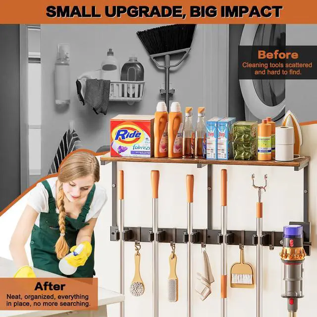 Alt view image 4 of 6 - Broom Holder Wall Mount with Cleaning Supplies Organizer, Laundry Room Organization and Storage Shelves with Mop Hanger Rack Gripper Hooks, Utility Shelf Closet Organizer for Home Garage Kitchen
