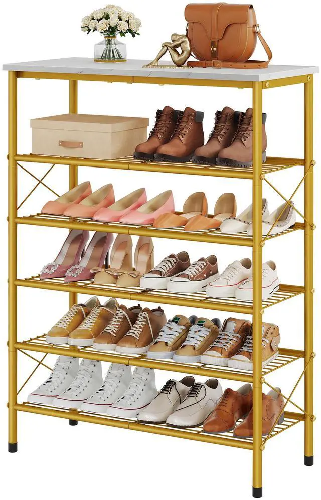 Main image of 6 Tier Shoe Rack Organizer for 20-24 Pairs of Shoes, Metal Mesh Shoe Shelf for Closet, Industrial Shoe Rack for Entryway Shoe Storage with X Shape Fixed Frame, White & Gold