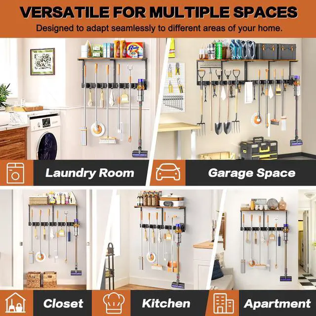 Alt view image 5 of 6 - Broom Holder Wall Mount with Cleaning Supplies Organizer, Laundry Room Organization and Storage Shelves with Mop Hanger Rack Gripper Hooks, Utility Shelf Closet Organizer for Home Garage Kitchen