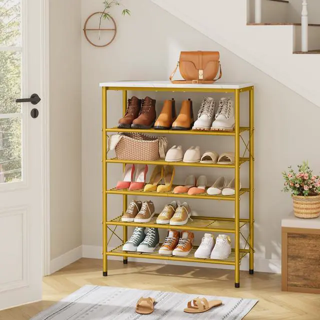 Alt view image 2 of 7 - 6 Tier Shoe Rack Organizer for 20-24 Pairs of Shoes, Metal Mesh Shoe Shelf for Closet, Industrial Shoe Rack for Entryway Shoe Storage with X Shape Fixed Frame, White & Gold