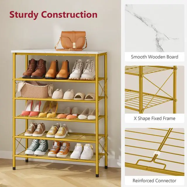 Alt view image 4 of 7 - 6 Tier Shoe Rack Organizer for 20-24 Pairs of Shoes, Metal Mesh Shoe Shelf for Closet, Industrial Shoe Rack for Entryway Shoe Storage with X Shape Fixed Frame, White & Gold