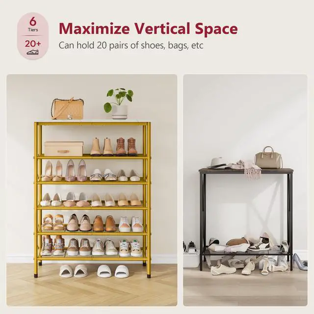 Alt view image 3 of 7 - 6 Tier Shoe Rack Organizer for 20-24 Pairs of Shoes, Metal Mesh Shoe Shelf for Closet, Industrial Shoe Rack for Entryway Shoe Storage with X Shape Fixed Frame, White & Gold