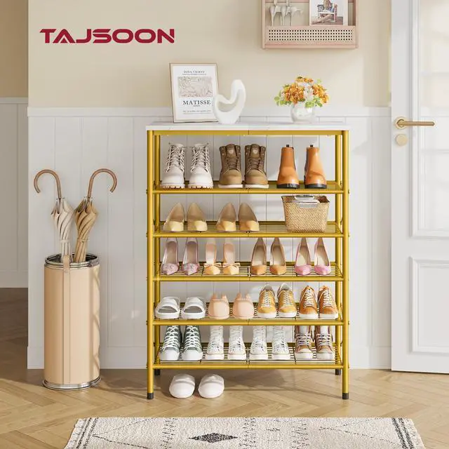 Alt view image 5 of 7 - 6 Tier Shoe Rack Organizer for 20-24 Pairs of Shoes, Metal Mesh Shoe Shelf for Closet, Industrial Shoe Rack for Entryway Shoe Storage with X Shape Fixed Frame, White & Gold