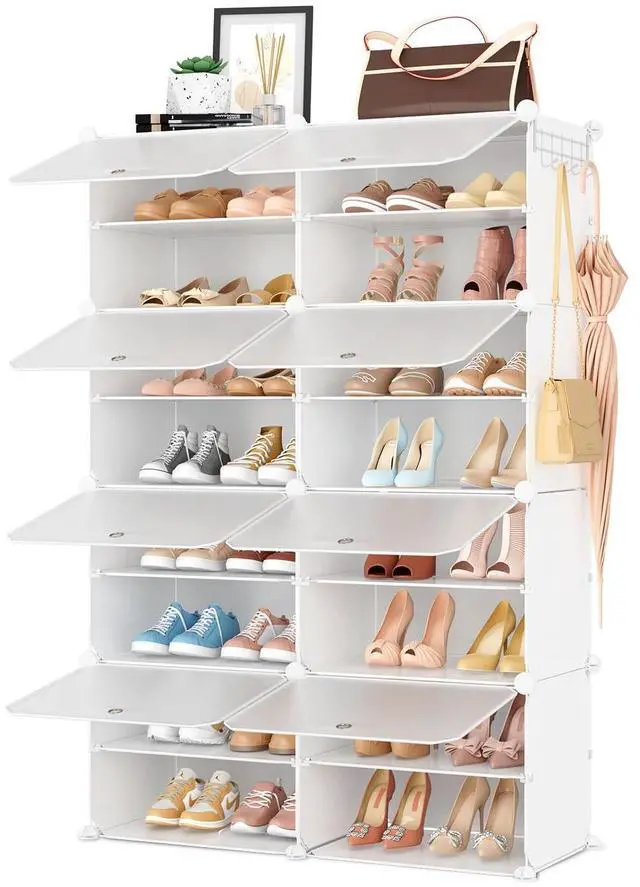 Main image of Shoe Rack 8 Tier Shoe Storage Cabinet with Door 32 Pair Tall Shoes Rack Organizer Free Standing Expandable Stable Plastic Easy Assembly Shoes Shelf for Closet Hallway Entryway Bedroom White