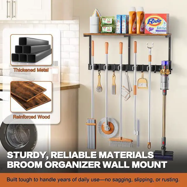 Alt view image 6 of 6 - Broom Holder Wall Mount with Cleaning Supplies Organizer, Laundry Room Organization and Storage Shelves with Mop Hanger Rack Gripper Hooks, Utility Shelf Closet Organizer for Home Garage Kitchen