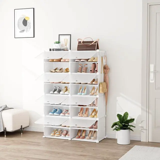 Alt view image 2 of 7 - Shoe Rack 8 Tier Shoe Storage Cabinet with Door 32 Pair Tall Shoes Rack Organizer Free Standing Expandable Stable Plastic Easy Assembly Shoes Shelf for Closet Hallway Entryway Bedroom White