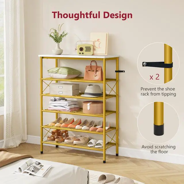 Alt view image 6 of 7 - 6 Tier Shoe Rack Organizer for 20-24 Pairs of Shoes, Metal Mesh Shoe Shelf for Closet, Industrial Shoe Rack for Entryway Shoe Storage with X Shape Fixed Frame, White & Gold