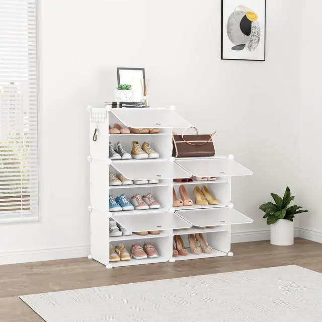Alt view image 4 of 7 - Shoe Rack 8 Tier Shoe Storage Cabinet with Door 32 Pair Tall Shoes Rack Organizer Free Standing Expandable Stable Plastic Easy Assembly Shoes Shelf for Closet Hallway Entryway Bedroom White