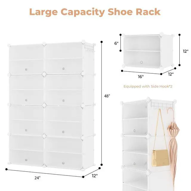 Alt view image 3 of 7 - Shoe Rack 8 Tier Shoe Storage Cabinet with Door 32 Pair Tall Shoes Rack Organizer Free Standing Expandable Stable Plastic Easy Assembly Shoes Shelf for Closet Hallway Entryway Bedroom White