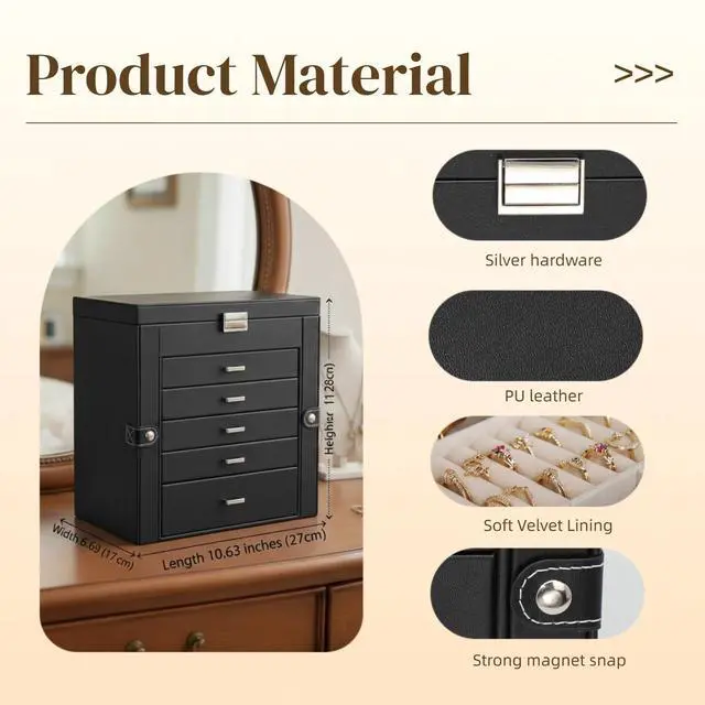 Alt view image 2 of 7 - Large Jewelry Box for Women, 6 Layer Jewelry Organizer with 5 Drawer and Side Doors & Necklace Hooks, Leather Jewelry Storage Boxes for Earrings, Rings, Bracelets
