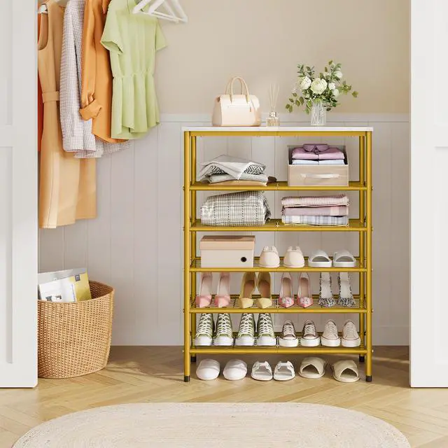 Alt view image 7 of 7 - 6 Tier Shoe Rack Organizer for 20-24 Pairs of Shoes, Metal Mesh Shoe Shelf for Closet, Industrial Shoe Rack for Entryway Shoe Storage with X Shape Fixed Frame, White & Gold