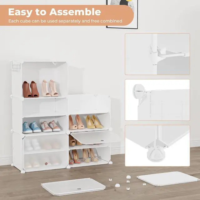 Alt view image 6 of 7 - Shoe Rack 8 Tier Shoe Storage Cabinet with Door 32 Pair Tall Shoes Rack Organizer Free Standing Expandable Stable Plastic Easy Assembly Shoes Shelf for Closet Hallway Entryway Bedroom White